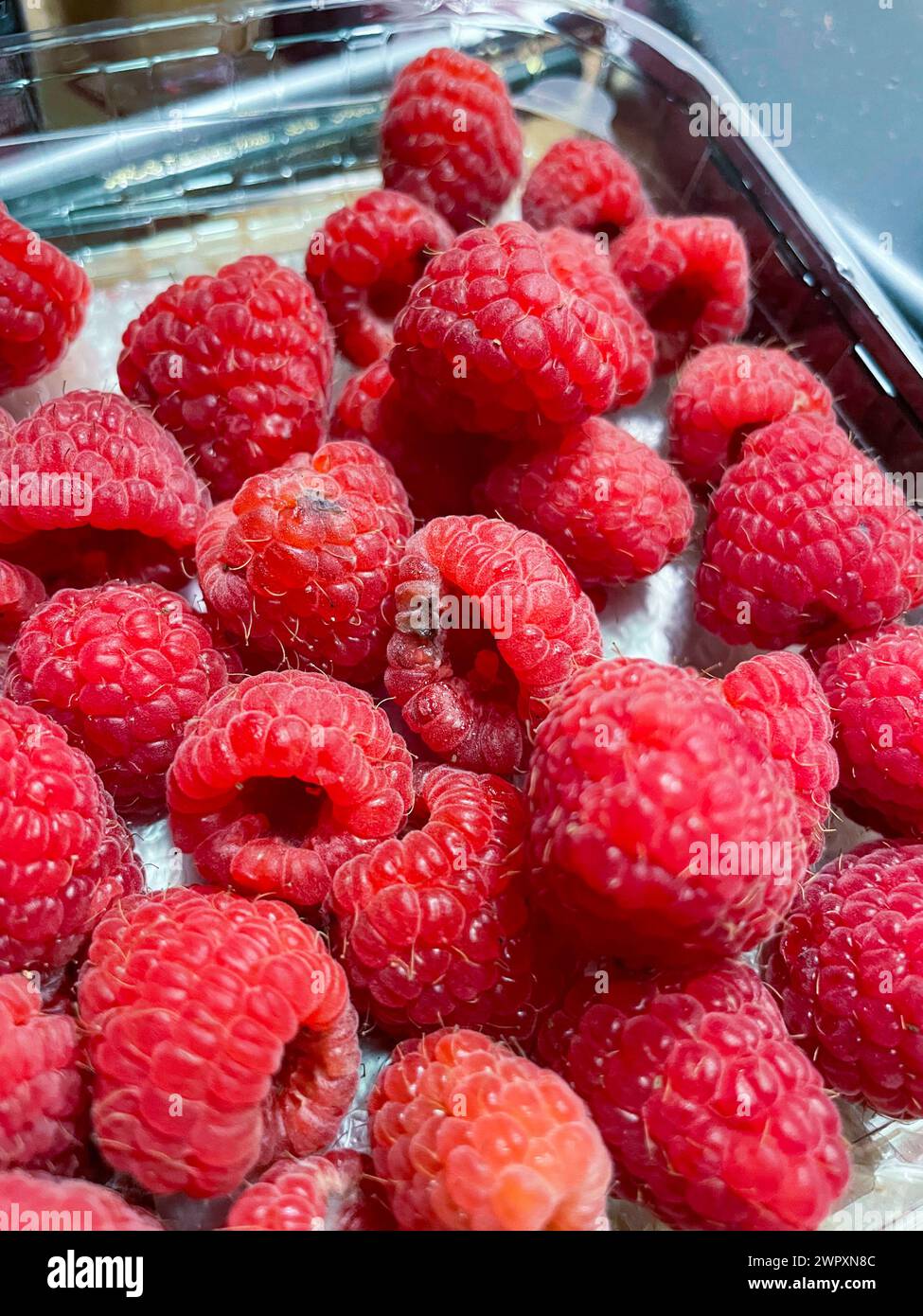 Himbeeren durch Schimmel ungenießbar, in Plastikverpackung Stockfoto