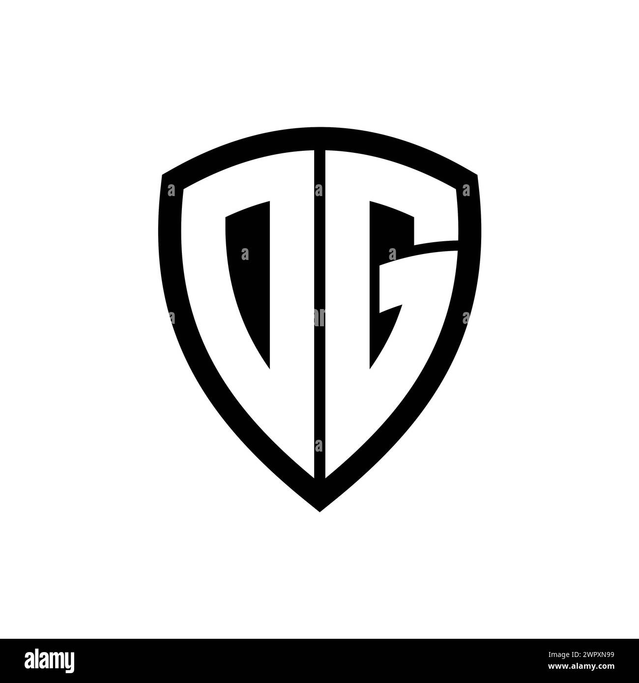 DG-Monogramm-Logo mit auffälligen Buchstaben, Schildform mit schwarz-weißer Farbvorlage Stockfoto