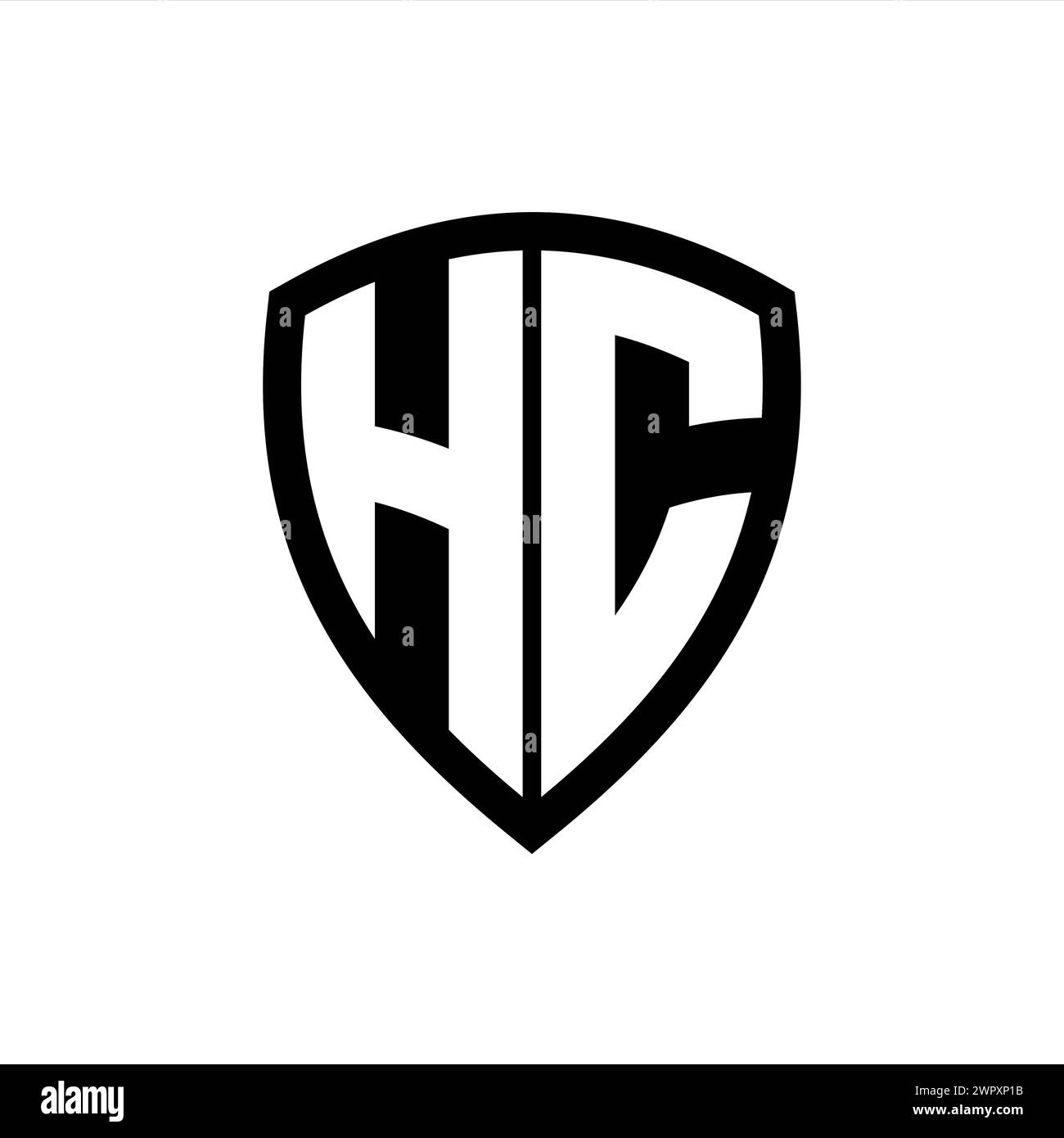HC-Monogramm-Logo mit auffälligen Buchstaben in Schildform mit schwarz-weißer Farbvorlage Stockfoto
