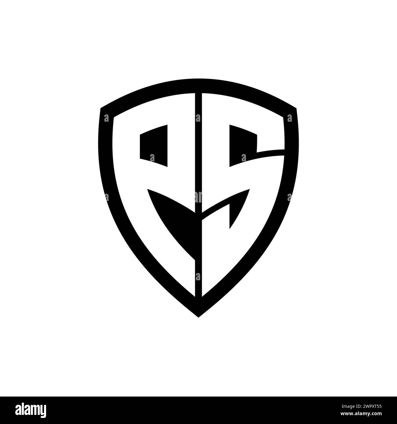 PS-Monogramm-Logo mit auffälligen Buchstaben in Schildform und schwarz-weißer Farbvorlage Stockfoto