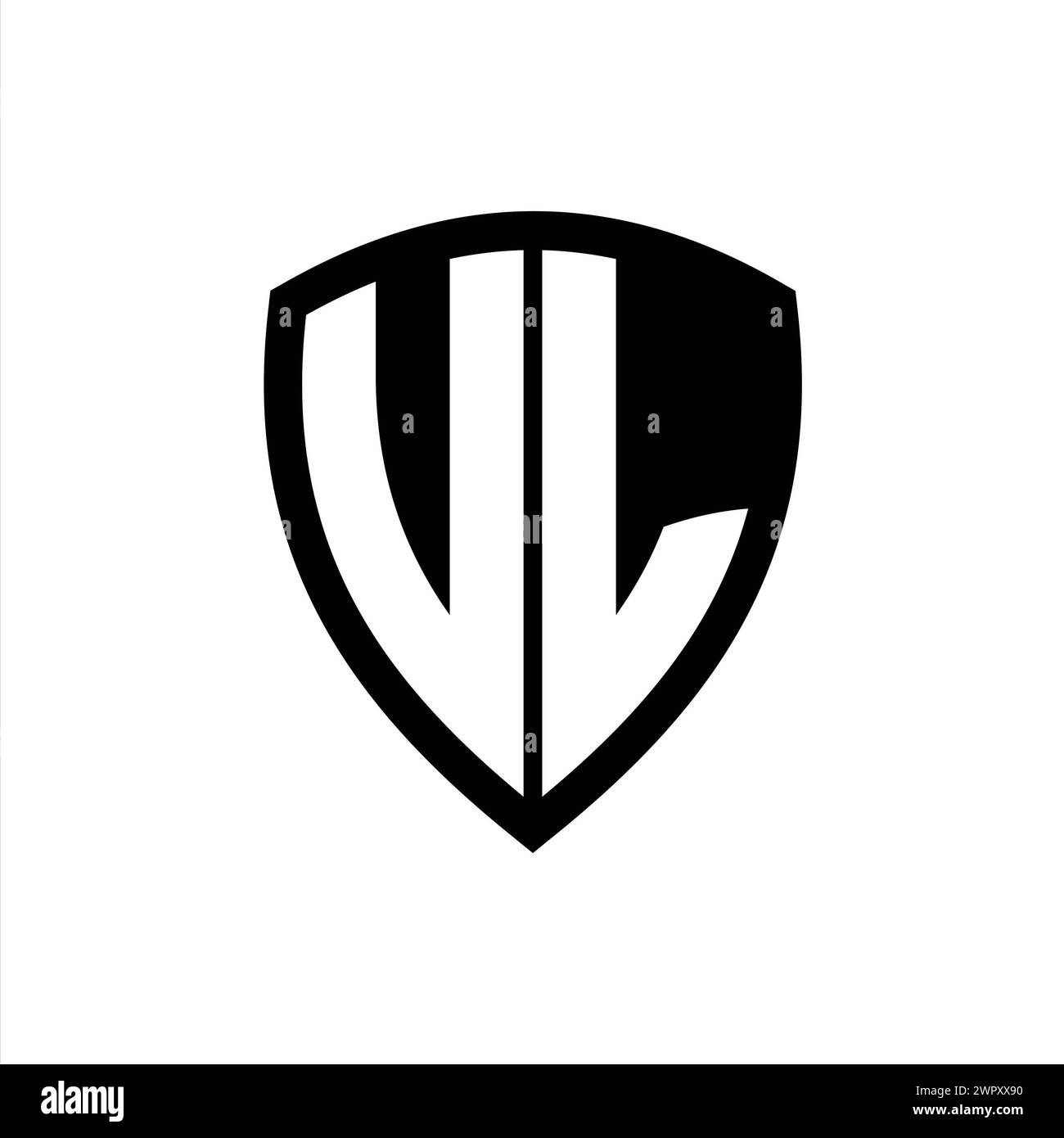 UL-Monogramm-Logo mit auffälligen Buchstaben in Schildform mit schwarz-weißer Farbvorlage Stockfoto