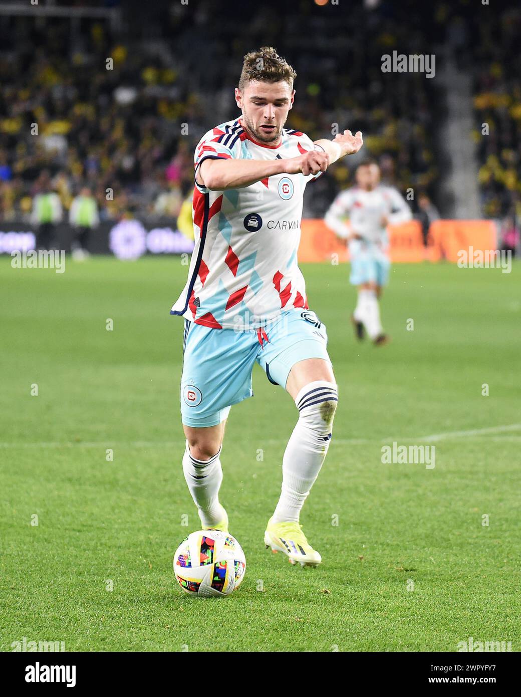 Columbus, Ohio, USA. März 2024. Der Chicago Fire FC Hugo Cuypers (9) übernimmt den Ball gegen die Columbus Crew in ihrem Spiel in Columbus, Ohio. Brent Clark/Cal Sport Media/Alamy Live News Stockfoto