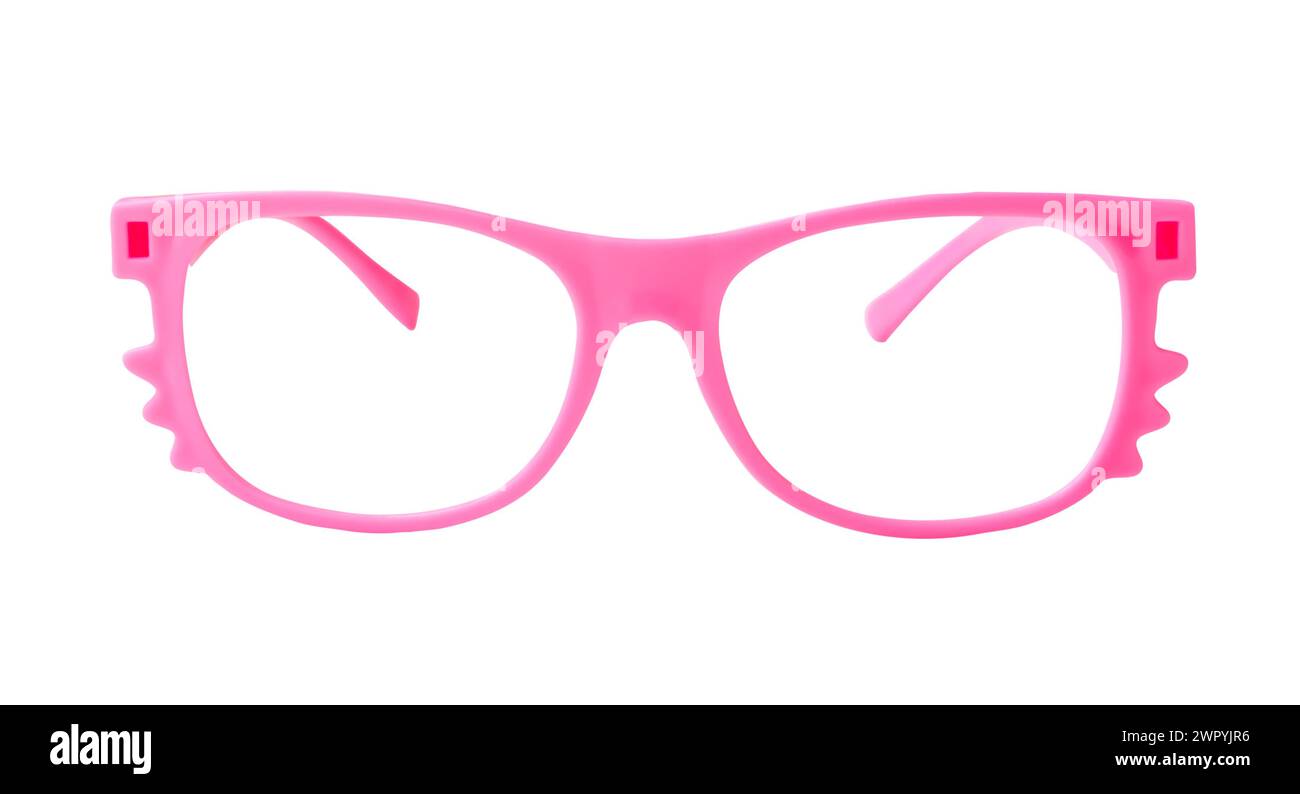 Vorderansicht des Brillenrahmens oder der Brillenränder für Damen und Kinder ist auf weißem Hintergrund mit Schneidepfad isoliert. Modische Sonnenbrille Stockfoto