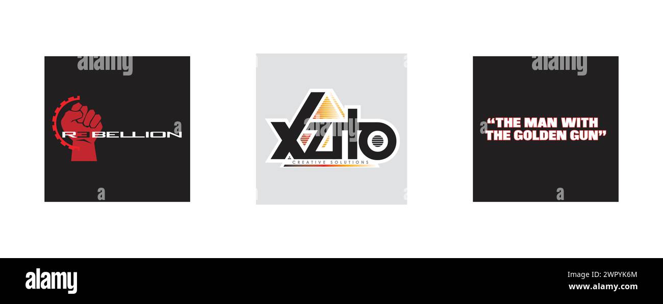 Xzito Creative Solutions, der Mann mit der goldenen Waffe, WWF Rebellion. Redaktionelle Vektor-Logokollektion. Stock Vektor