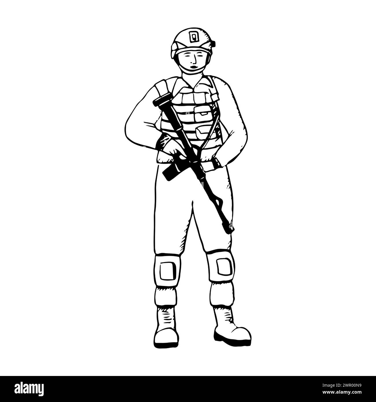 Vektor stehender Soldat in Uniform mit Sturmgewehr schwarz-weiße Tinte Illustration für Krieg und Frieden Designs oder Veteran Day. Vorderansicht Stock Vektor