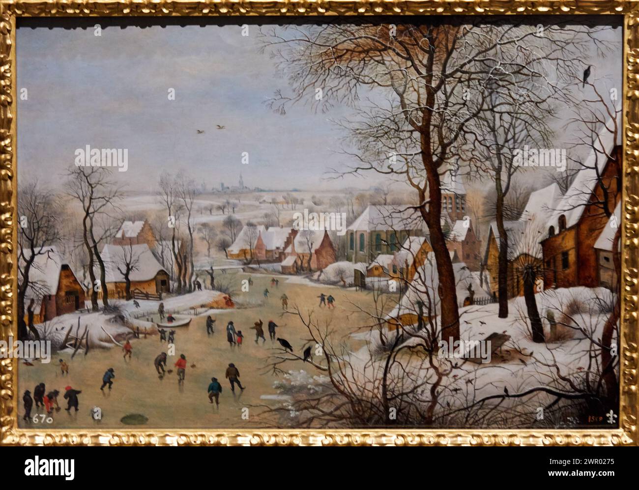 „Schneelandschaft mit Skatern und Vogelfalle“, 1601, Pieter Brueghel el Joven, Prado Museum, Madrid, Spanien, Europa Stockfoto