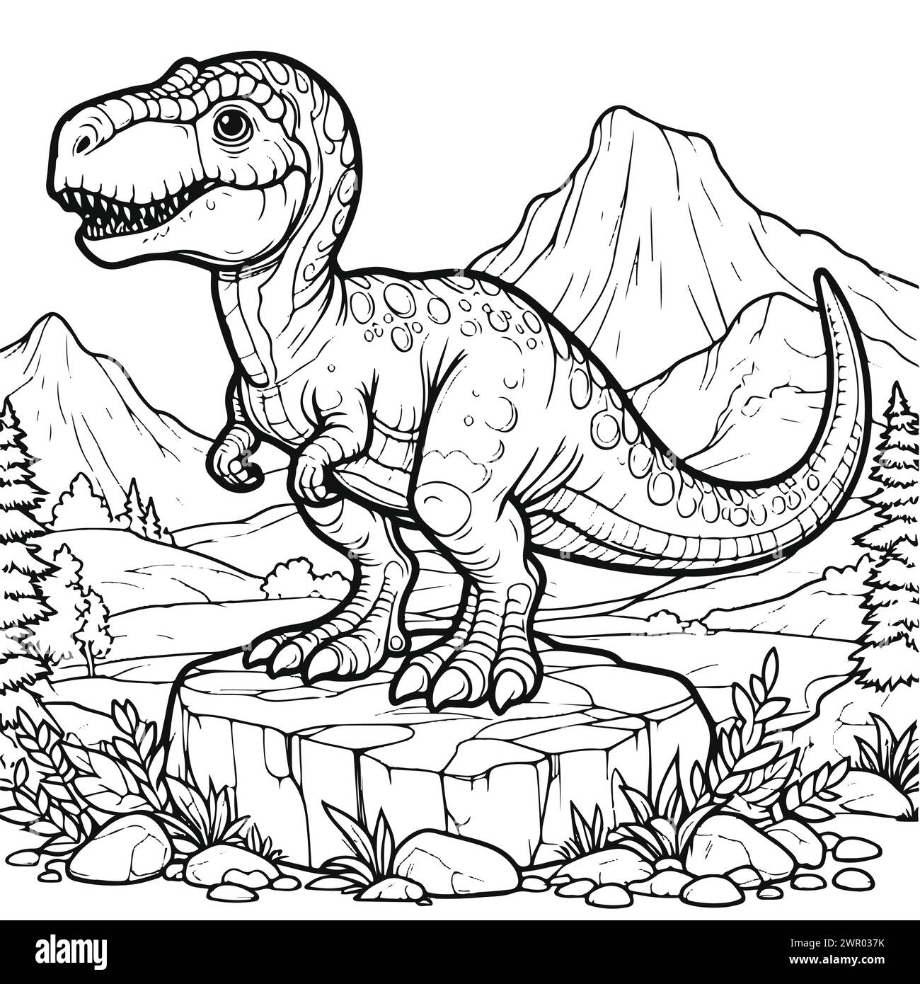 Dino mit einem Stein-Berg-Hintergrund. Schwarz-weiß-Version für Kinder Stock Vektor