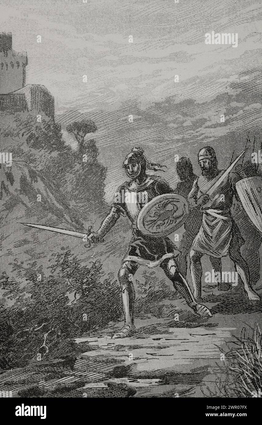 Jakob III. Von Mallorca (1315-1349), bekannt als „der Ausschlag“ oder „der Unglückliche“. König von Mallorca (1324-1343). Jakob III. In der Schlacht von Llucmajor am 25. Oktober 1349. In dieser Schlacht wurde er von den Truppen des Königs Peter IV. Von Aragonien besiegt und starb im Verlauf der Schlacht. Das Königreich Mallorca wurde in die Krone von Aragon eingegliedert. Gravur. „Glorias Españolas“ (Glorias von Spanien). Band II Veröffentlicht in Barcelona, 1890. Stockfoto