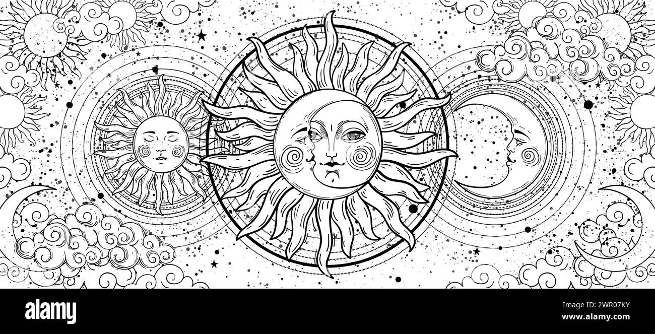 Mythisches Universum Malbuch, Sonnenfinsternis und Mondfinsternis, Friedenskonzept, magisches Astrologie-Banner, Tarot-Hintergrund. Halbmond und Sonne mit einem fac Stock Vektor