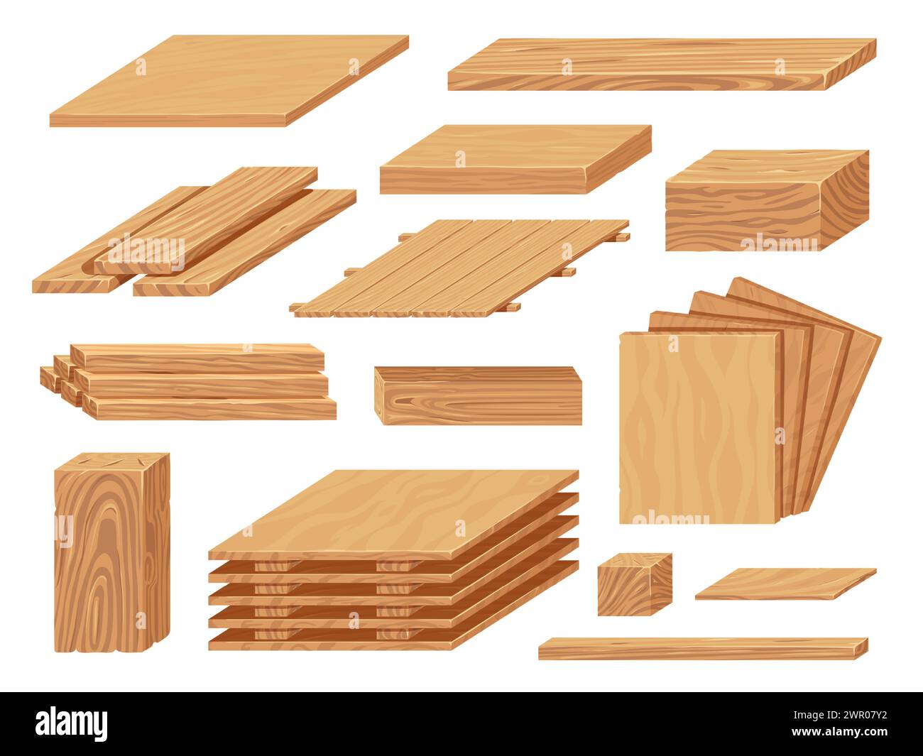 Sperrholz für Zeichentrickfilme. Holzplatten und -Platten für Bau und Möbel, Naturholzwerkstoff für die Tischlerei. Vektor-isolierter Satz Stock Vektor