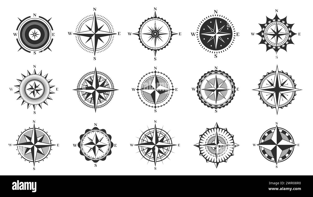 Kompasszeichen. Navigations- und Richtungssymbole, Karten- und Topographiesymbole, nautische und Marine Instrumente, Nord-Süd-West. Vektorsatz Stock Vektor