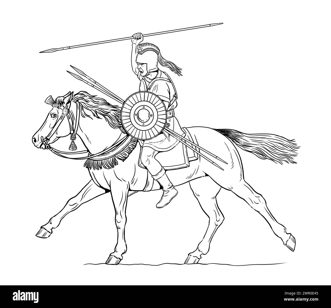 Der alte iberische Reiter im Angriff. Antike und mittelalterliche Kavallerie Zeichnung. Stockfoto