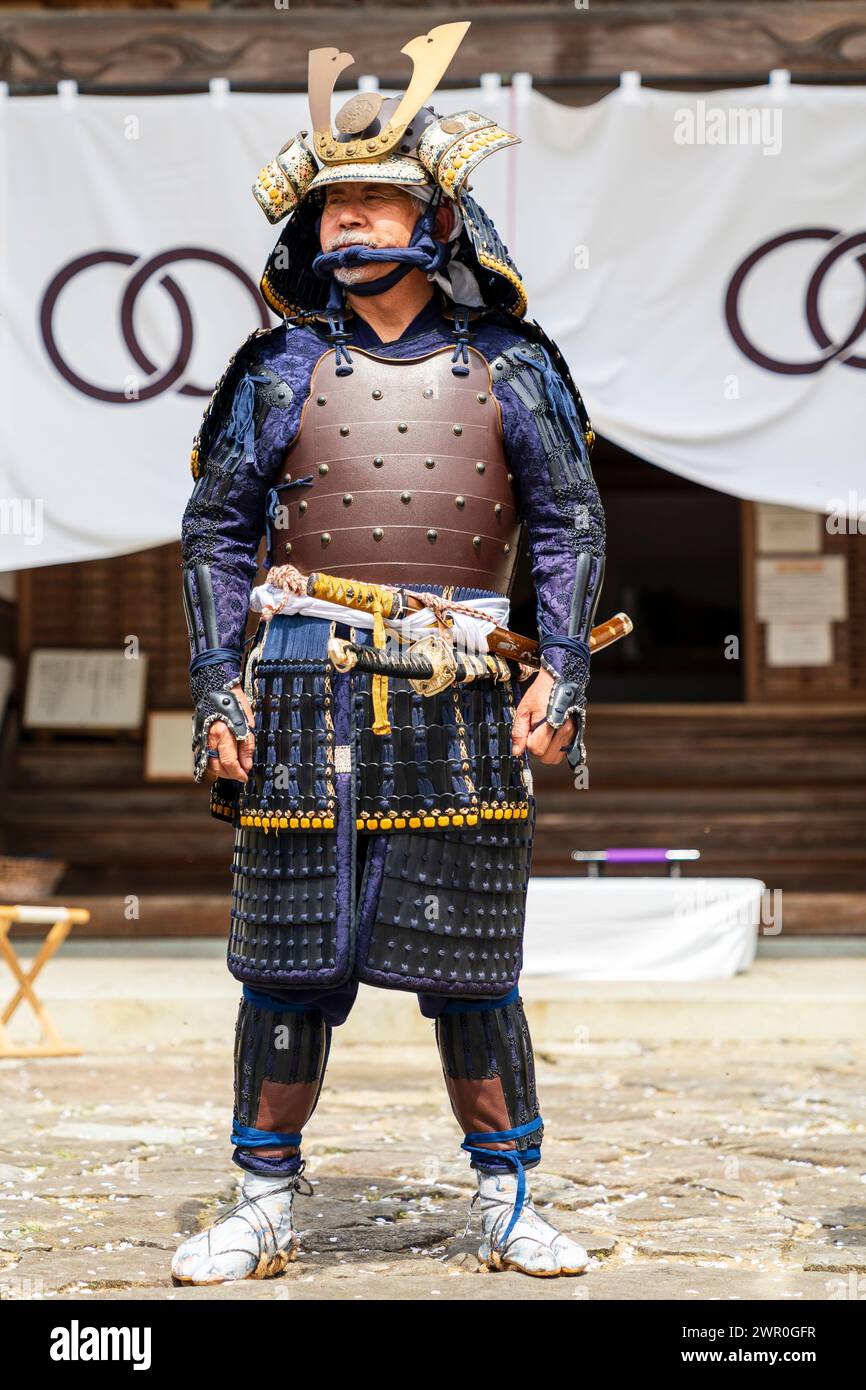 Japanischer Mann in einer samuraifarbenen Rüstung, der für ein Foto vor dem Eingang des Honmaru-Palastes auf der Burg Tatsuno in Japan posiert. Stockfoto