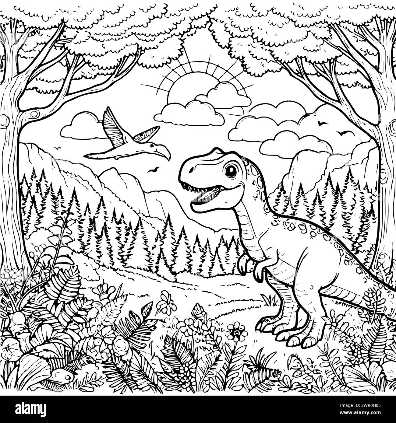 Färbung zeichnen Dinosaurier und Vogel mit Dschungel Hintergrund. Schwarz-weiß-Version für Kinder Stock Vektor