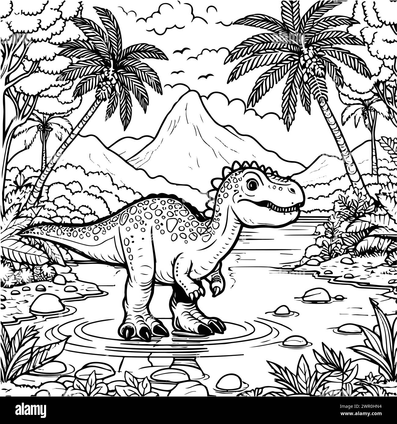 Färbung zeichnen Dinosaurier im See- und Berghintergrund schwarz-weiße Version gut für Kinder Stock Vektor