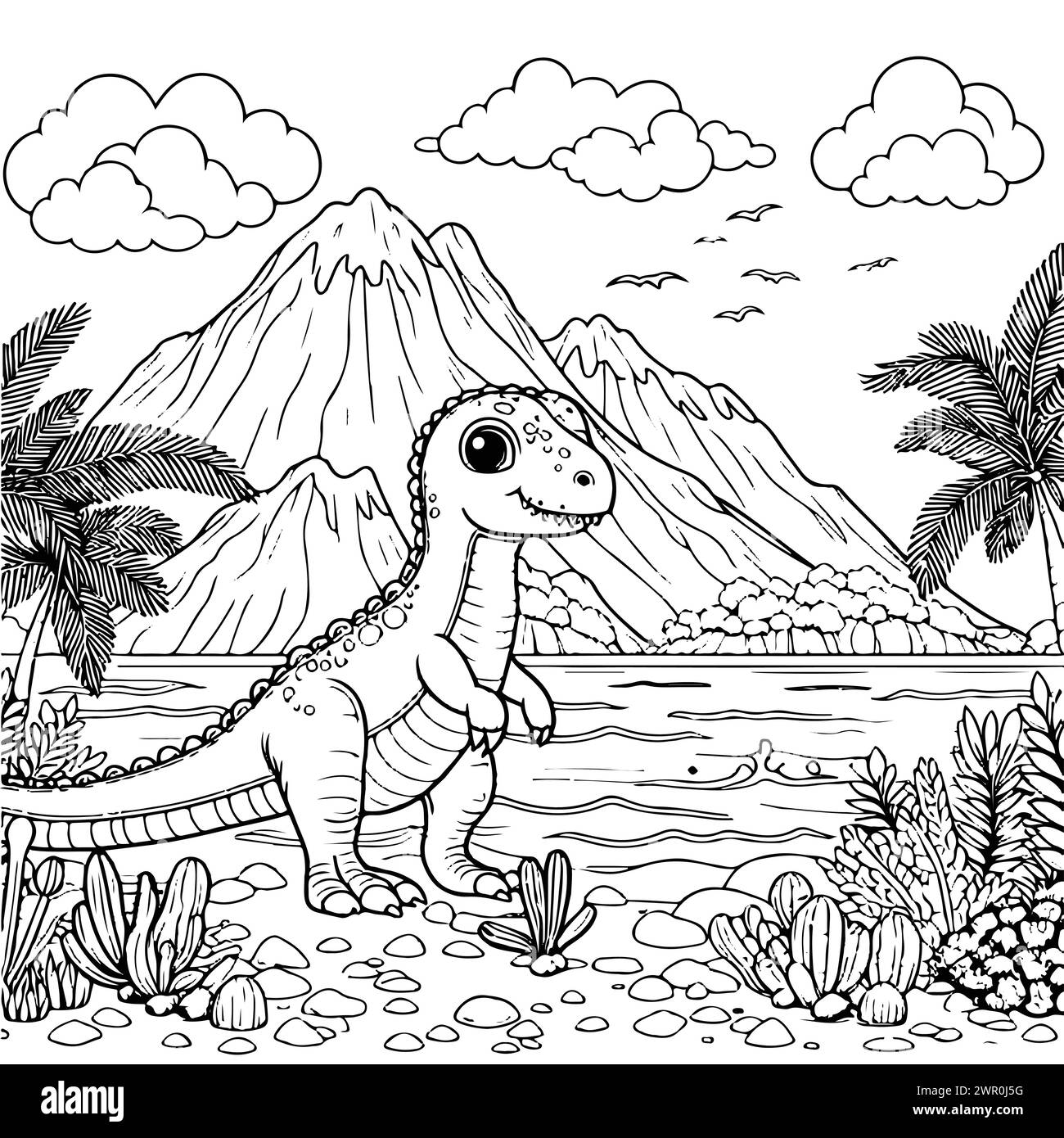 Färbung zeichnen Dinosaurier trex in den Bergen mit Meer Hintergrund schwarz-weiß Version gut für Kinder Stock Vektor