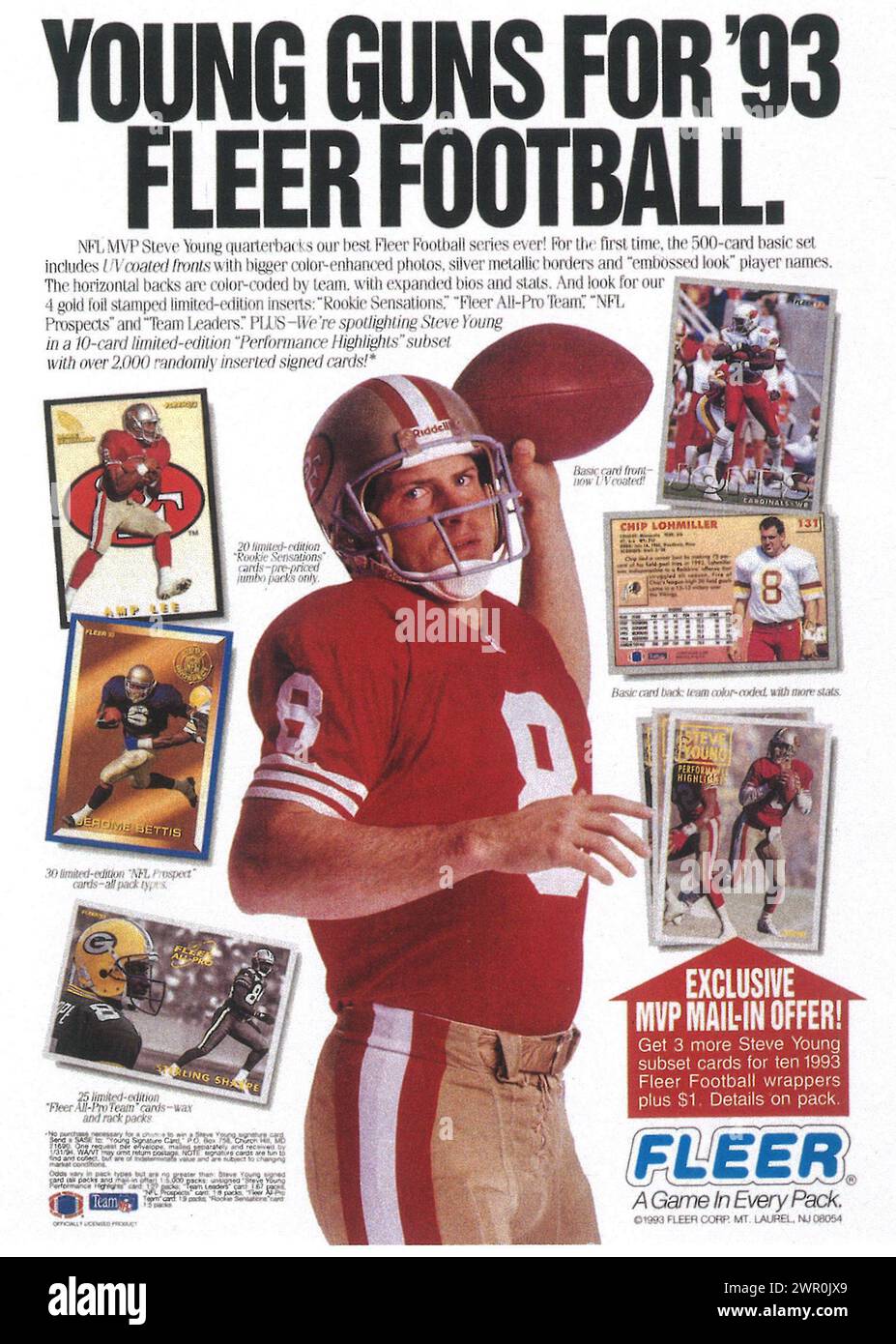 1993 Fleer-Football-Karten-Anzeigeseite mit STEVE YOUNG, STERLING SHARPE, JEROME BETTIS Stockfoto