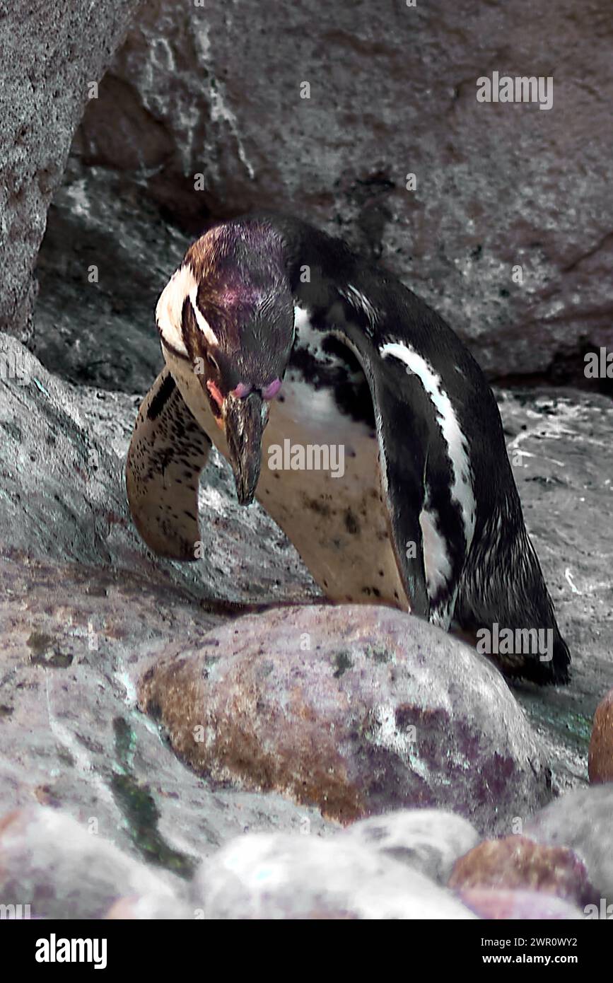 Der Humboldt-Pinguin thront majestätisch auf einem Felsen mit einem Steinboden. Stockfoto