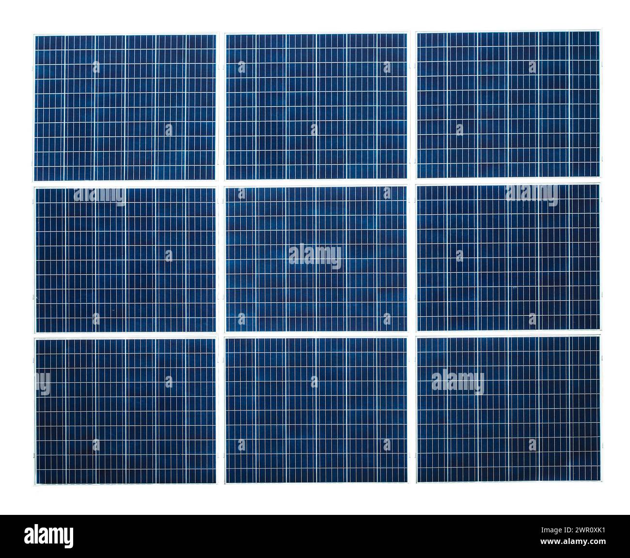 Neun Sonnenkollektoren isoliert auf weißem Hintergrund Stockfoto