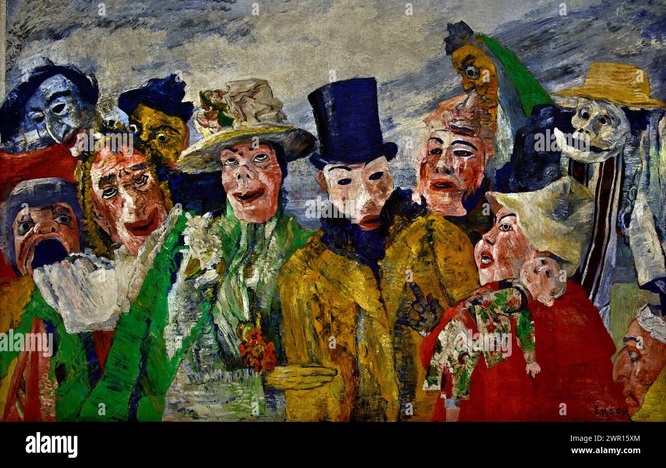 The Intrigue 1890 von James Ensor 1860-1949 Royal Museum of Fine Arts, Antwerpen, Belgien, Belgien. Satirische Masken überspitzte Gesichtsausdrücke , sardonische Karnevalsmasken Stockfoto