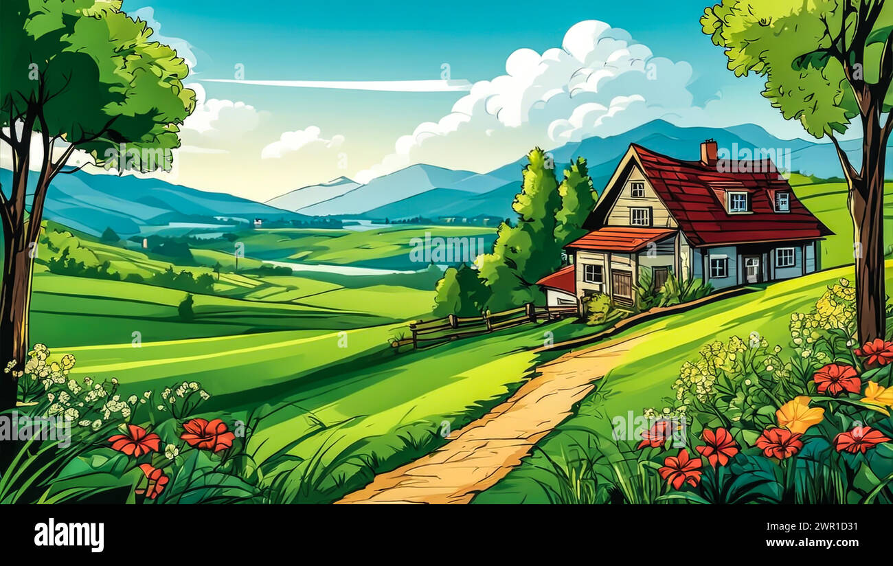 Illustration der natürlichen Landschaft mit bewölktem Himmel, Landhäusern und Bäumen. Stock Vektor
