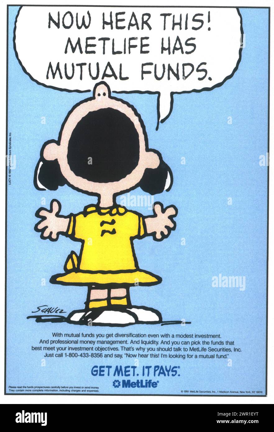 1991 Printwerbung für MetLife-Investmentfonds mit Peanuts Lucy Charles Schulz Stockfoto
