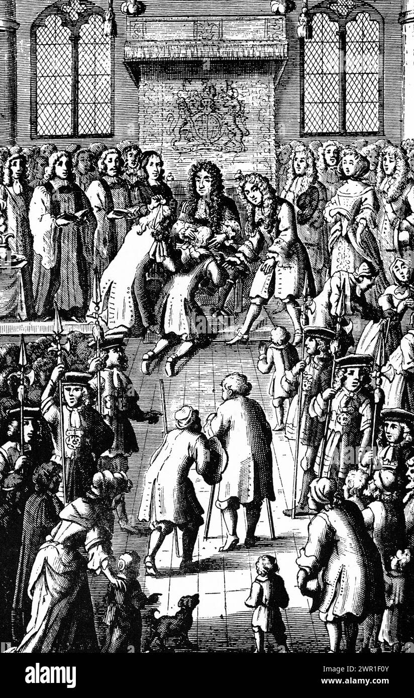 Das königliche Geschenk der Heilung, 1684. König Karl II. Bei der Heilungszeremonie, um Skrofula-Kranke zu heilen. Frontispiece zu John Browne's, 'Adenochoiradelogia, Or, eine anatomick-chirurgische Abhandlung der Drüsen und Strumaes', 1684. Stockfoto