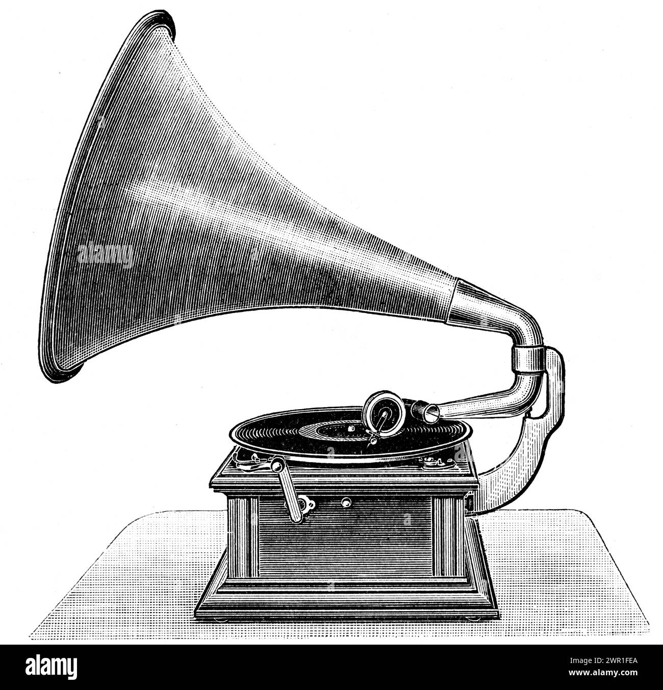 Ein Grammophon, 1936. Ein Phonograph, später Grammophon genannt (seit 1887 als Marke, seit 1910 als Gattungsname in Großbritannien), und seit den 1940er Jahren ein Plattenspieler oder neuerdings ein Plattenspieler, ist ein Gerät zur mechanischen und analogen Wiedergabe von aufgezeichnetem Ton. Stockfoto
