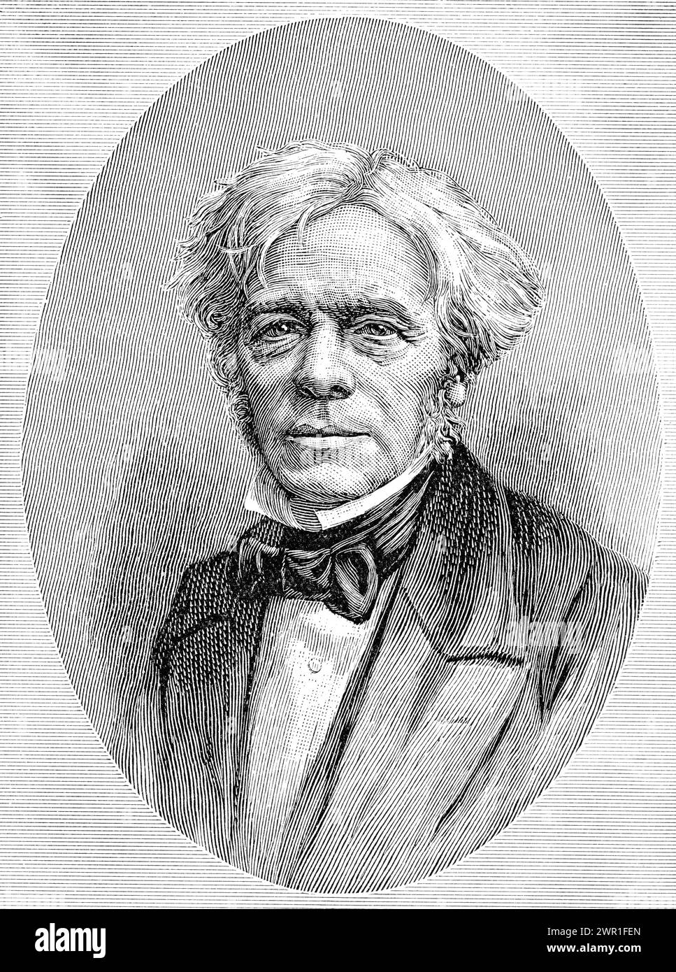 Michael Faraday (1791-1867). Nach John Watkins (1823-1874). Faraday war ein englischer Wissenschaftler, der an der Erforschung des Elektromagnetismus und der Elektrochemie mitwirkte. Zu seinen wichtigsten Entdeckungen zählen die Prinzipien der elektromagnetischen Induktion, Diamagnetismus und Elektrolyse. Stockfoto