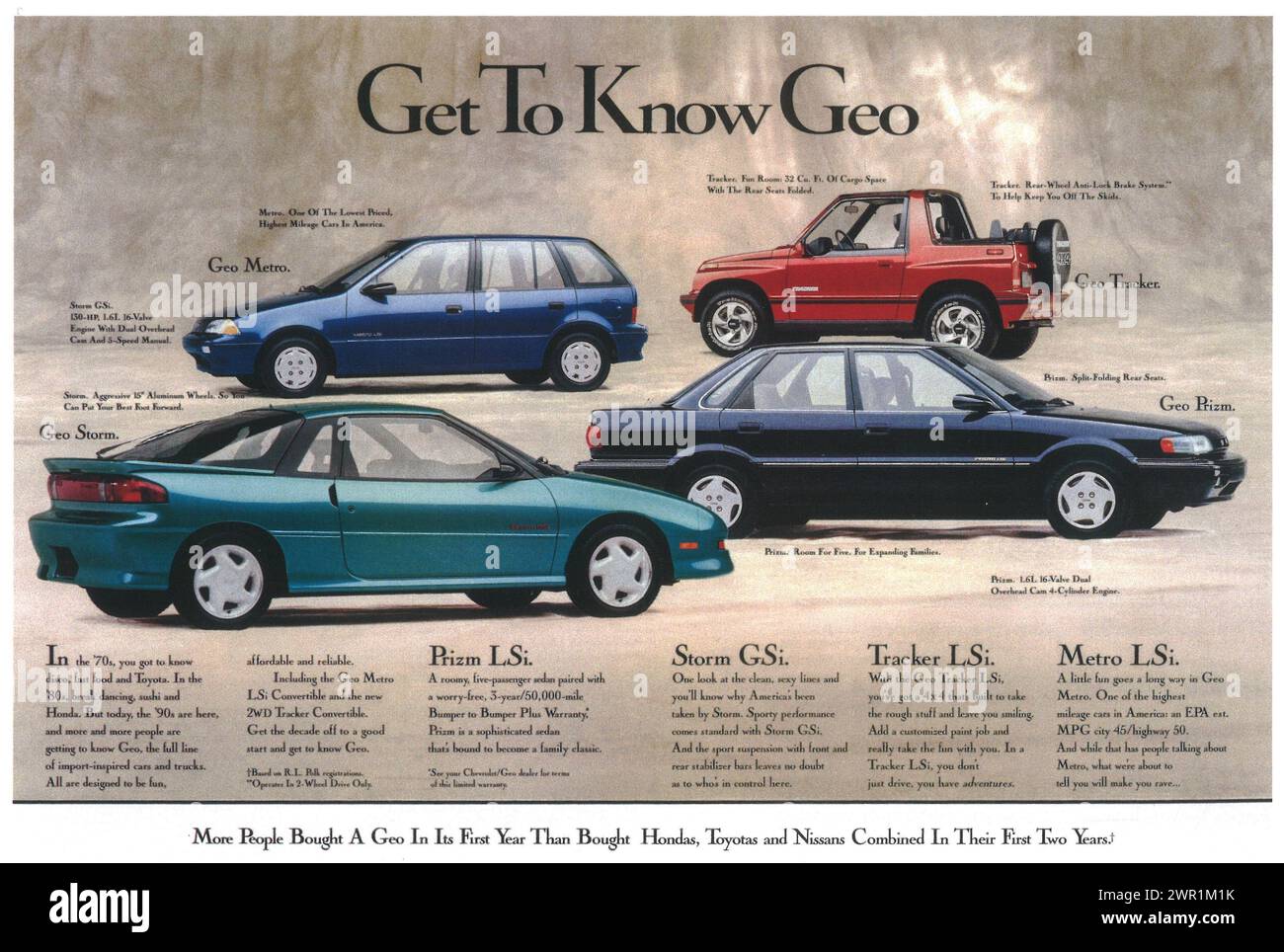 1990 Chevrolet GEO Prin Ad -Product Line -Lernen Sie Geo kennen Stockfoto
