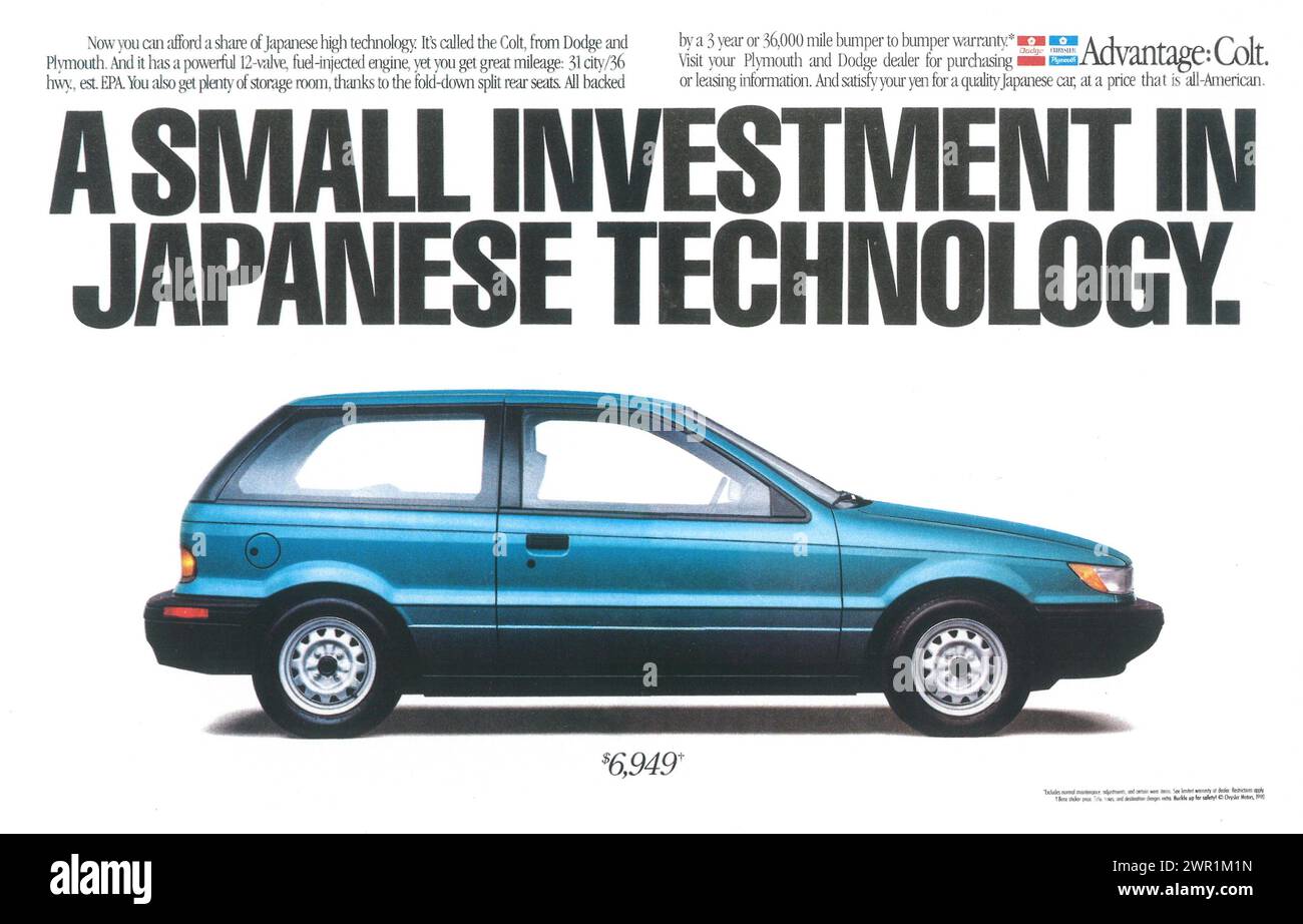 1990 Dodge Colt Printwerbung – „Eine kleine Investition in japanische Technologie“ Stockfoto