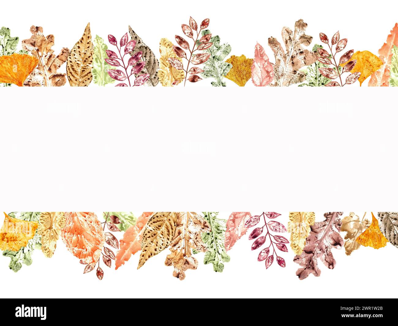 Horizontaler Rahmen aus bunten Herbstblättern. Rowan, Eiche, Aspen, Biloba. Gelbe, goldene, braune getrocknete Blätter. Aquarellabbildung Stockfoto