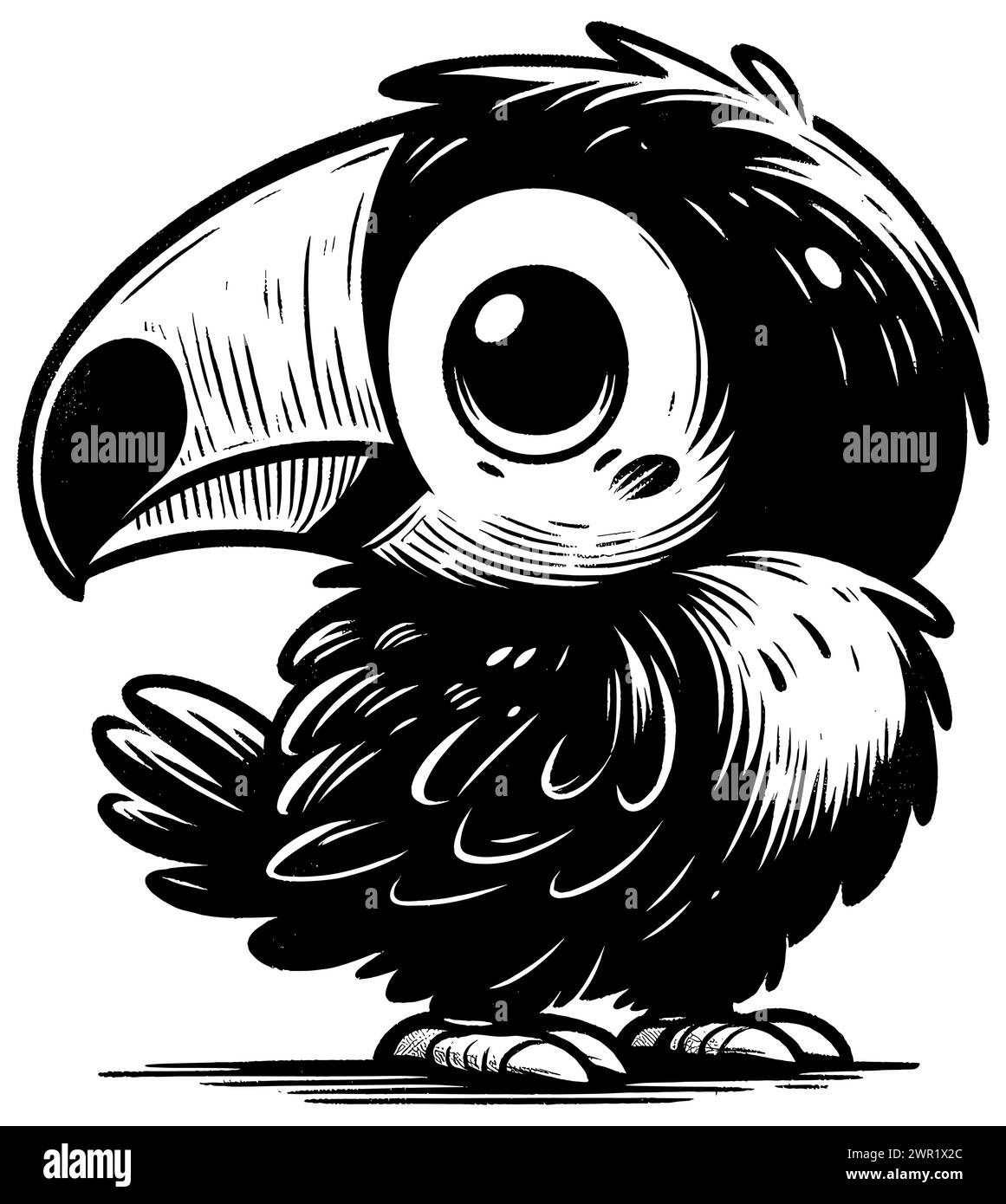 Holzschnitt-Illustration des niedlichen Baby-Tukans auf weißem Hintergrund. Stock Vektor
