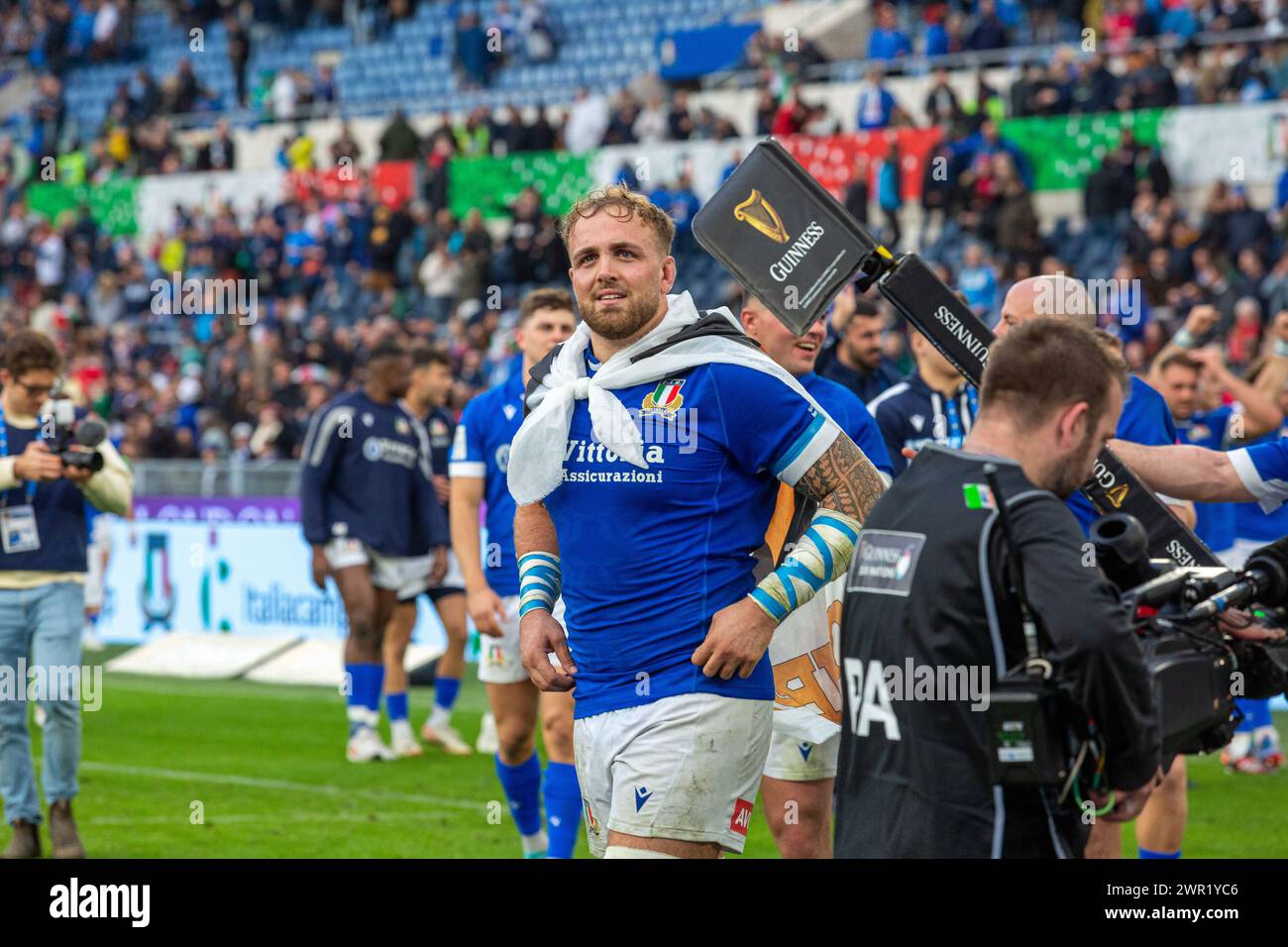 Six Nations Rugby: Italien gegen Schottland im Stadio Olimpico. Gianmarco Lucchesi aus Italien nach dem Spiel. Stockfoto
