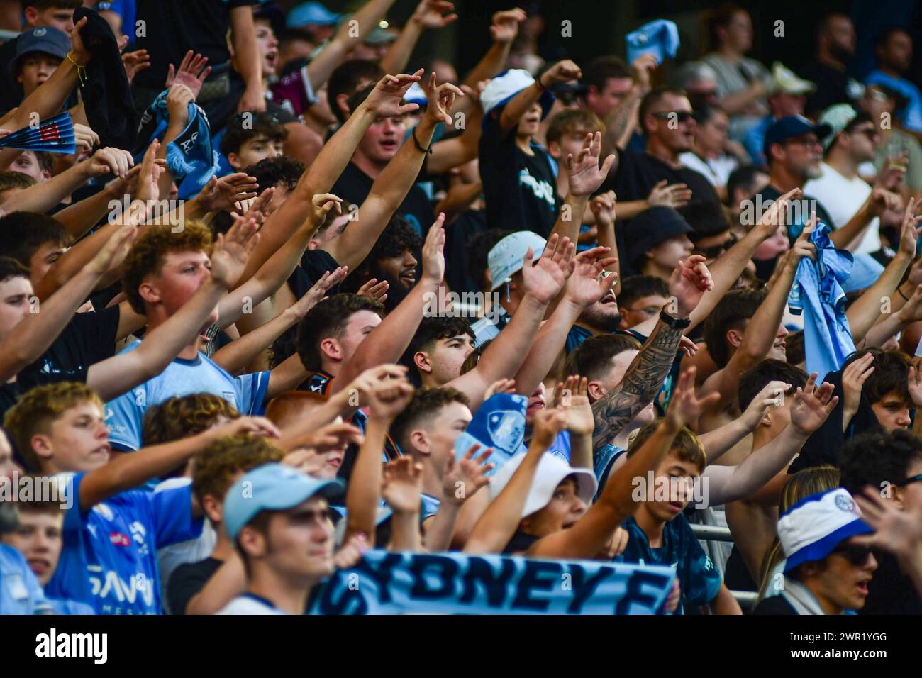 Sydney, New South Wales, Australien. März 2024. Die Fans des Sydney FC in der Cove-Fansektion unterstützen ihre Mannschaft beim Spiel der A League Runde 20 zwischen Sydney FC und dem Brisbane Roar im Allianz Stadium in Sydney, New South Wales, Australien am 10. März 2024. (Kreditbild: © Kai Dambach/ZUMA Press Wire) NUR REDAKTIONELLE VERWENDUNG! Nicht für kommerzielle ZWECKE! Quelle: ZUMA Press, Inc./Alamy Live News Stockfoto