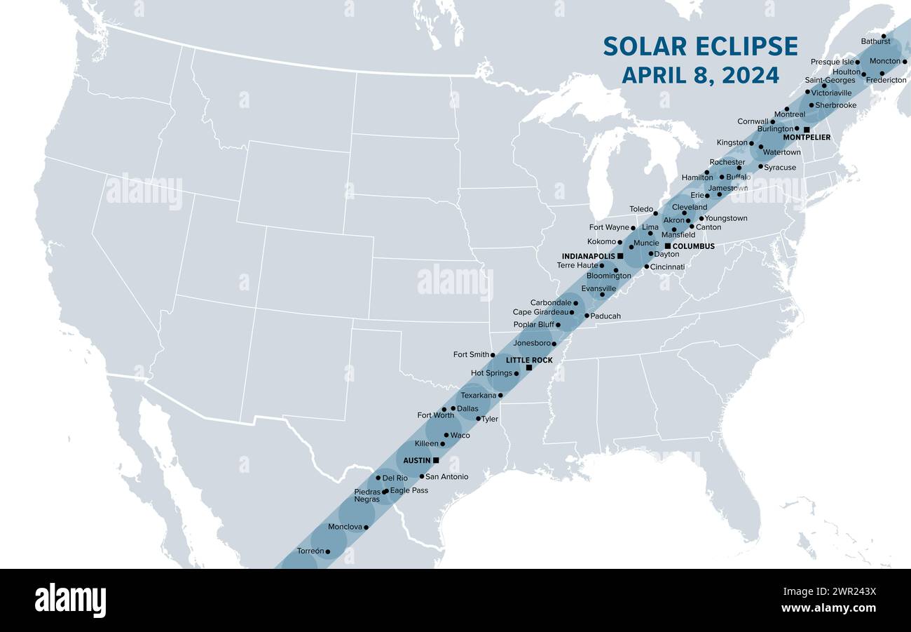 Great American Total Solar Eclipse vom 8. April 2024. Politische Karte mit Namen von Städten innerhalb des Pfads der Totalität. Sichtbar in ganz Nordamerika. Stockfoto