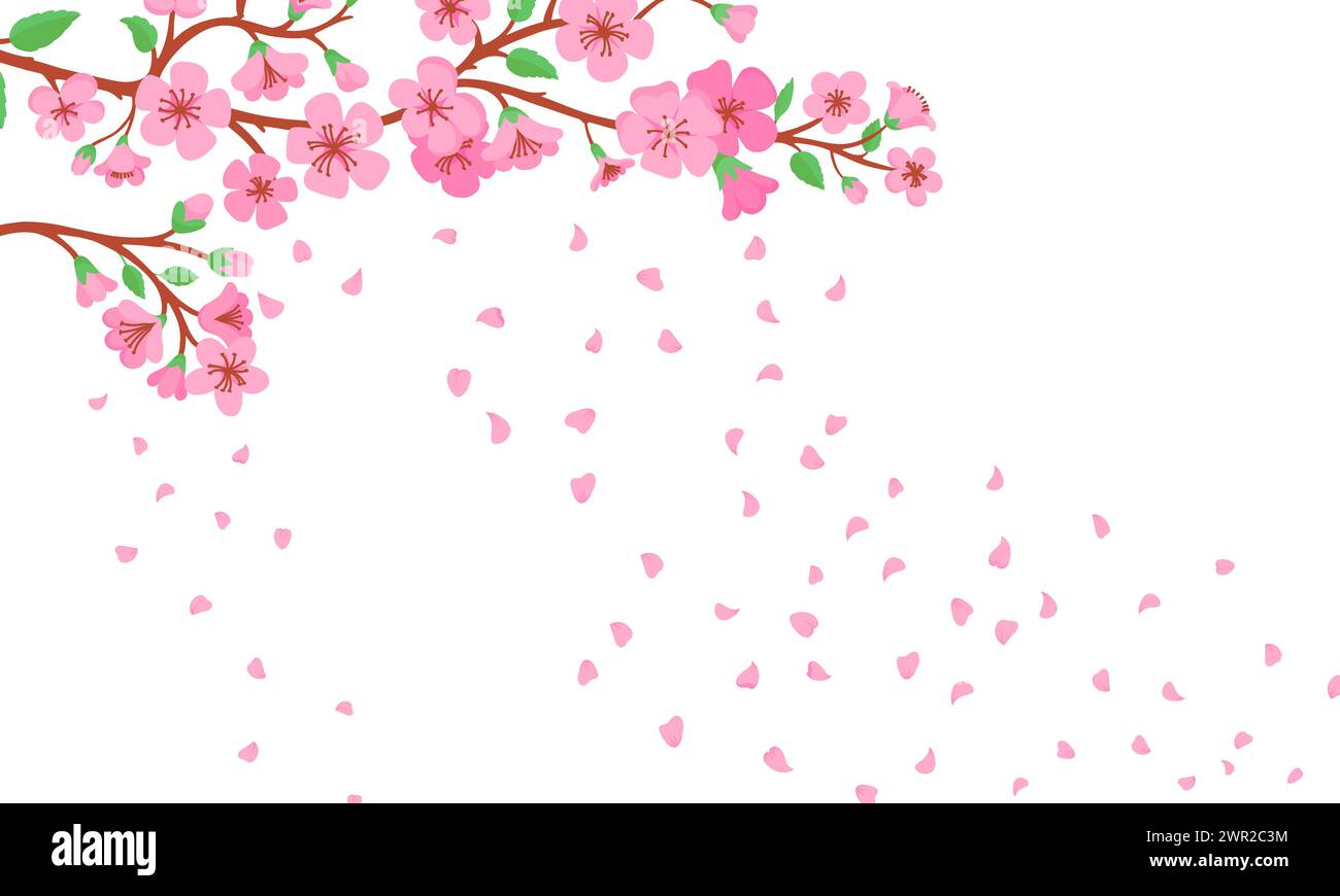 Blühender Sakurazweig Hintergrund. Fallende rosafarbene Blüten von Pfirsich oder Kirschblüten. Japanisches Symbol, orientalisches Frühlingsfest neoterische Vektorplakat Stock Vektor