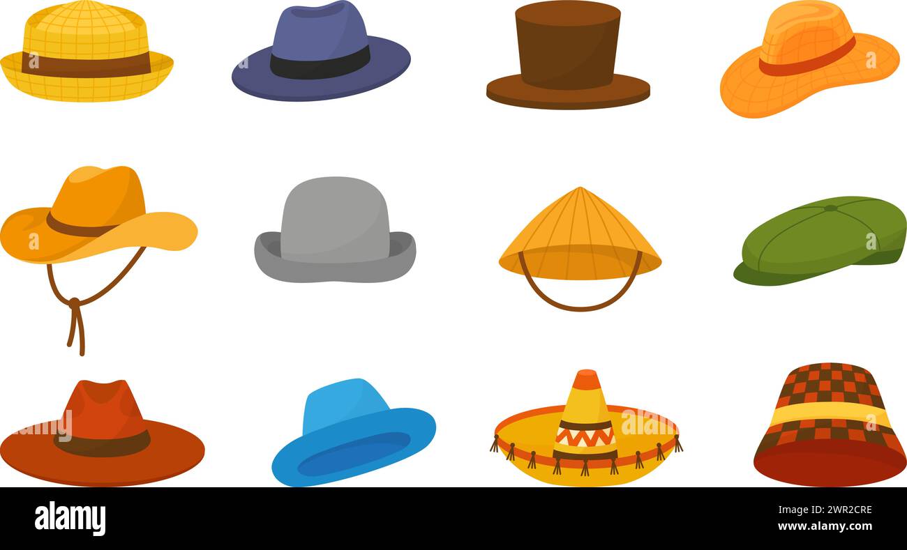 Cartoon-Männerhüte. Isolierter Gentleman Hut, Vintage und trendige, stilvolle Kopfaccessoires. Stoff- und Strohhauben, Zylinder- und Cowboystil, neoterisch Stock Vektor