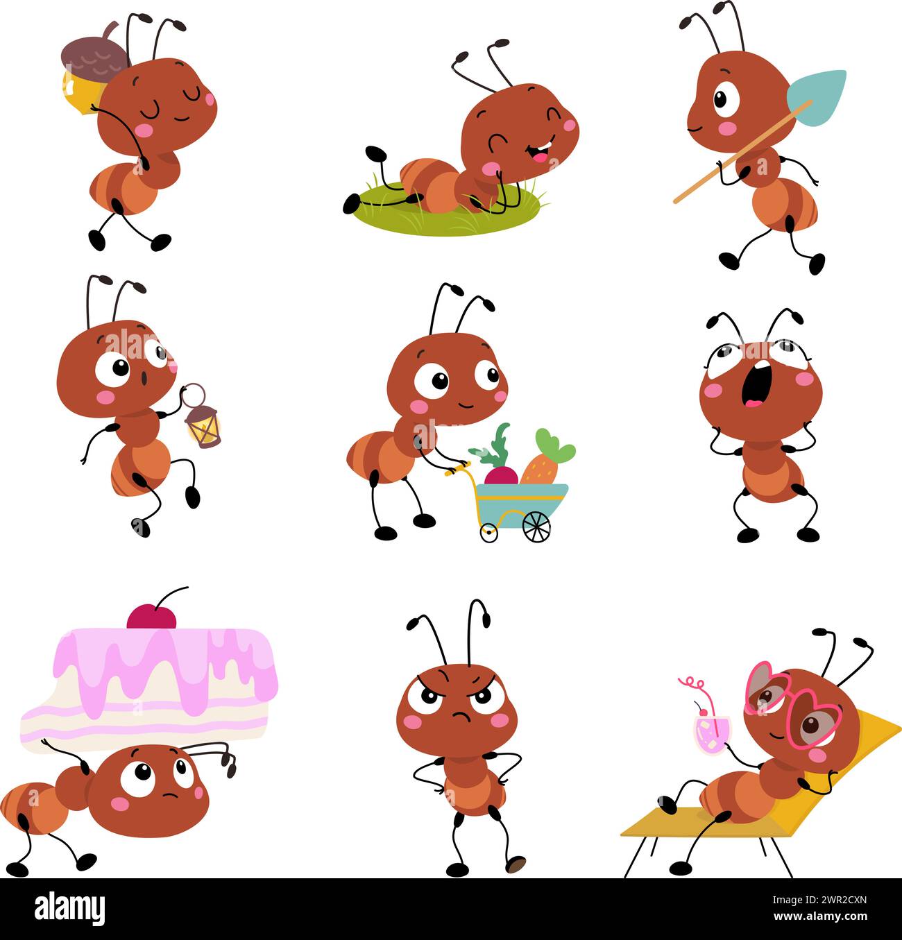 Zeichentrickfiguren. Isolierte Ameisenarbeit, Entspannung und Essen. Niedliches Kindermaskottchen mit verschiedenen Emotionen. Insektenaktivität heute Vektor Stock Vektor