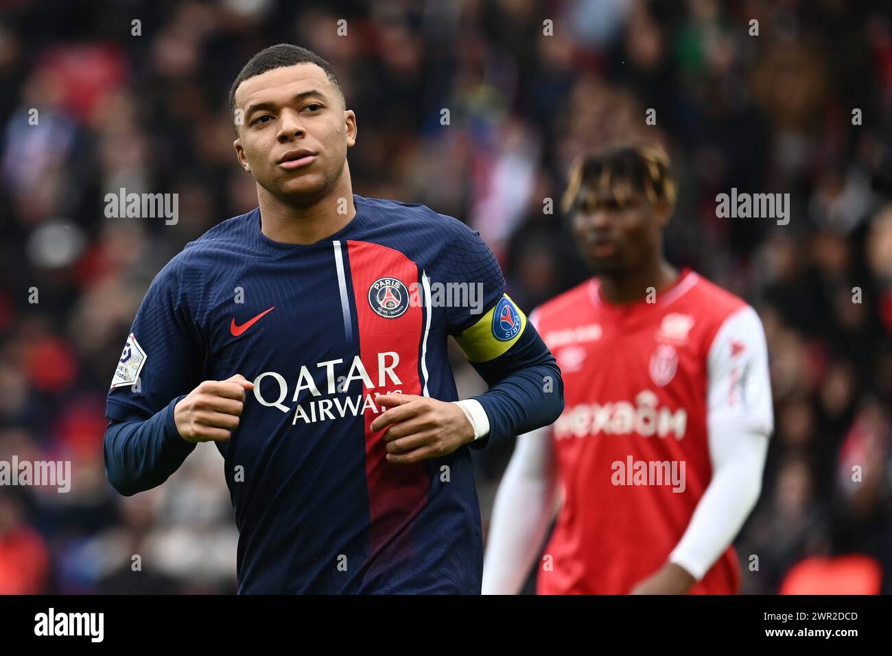 Paris, Frankreich. März 2024. © Julien Mattia/Le Pictorium/MAXPPP - Paris 10/03/2024 Julien Mattia/Le Pictorium - 10/03/2024 - France/Ile-de-France/Paris - Kylian Mbappe lors de la 25eme Journee de ligue 1 Ubereats, entre le PSG et Reims au Parc des Princes, le 10. März 2024 - Valeurs ACtuelles OUT, JDD OUT, No JDD, RUSSIA OUT, NO RUSSIA #norussia/10/03/2024 - France/Ile-de-France (Region)/Paris - Kylian Mbappe während der 25. Journee de ligue 1 Ubereats, zwischen PSG und Reims im Parc des Princes, 10. März 2024 Credit: MAXPPP/Alamy Live News Stockfoto