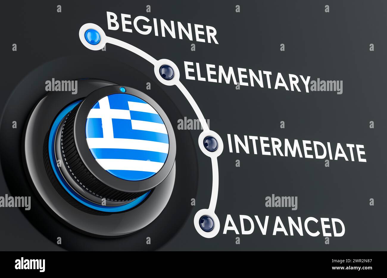 Griechisches Niveau, Lernen und Verbesserung griechischer Sprache, Konzept mit Skalenknopf. 3D-Rendering Stockfoto