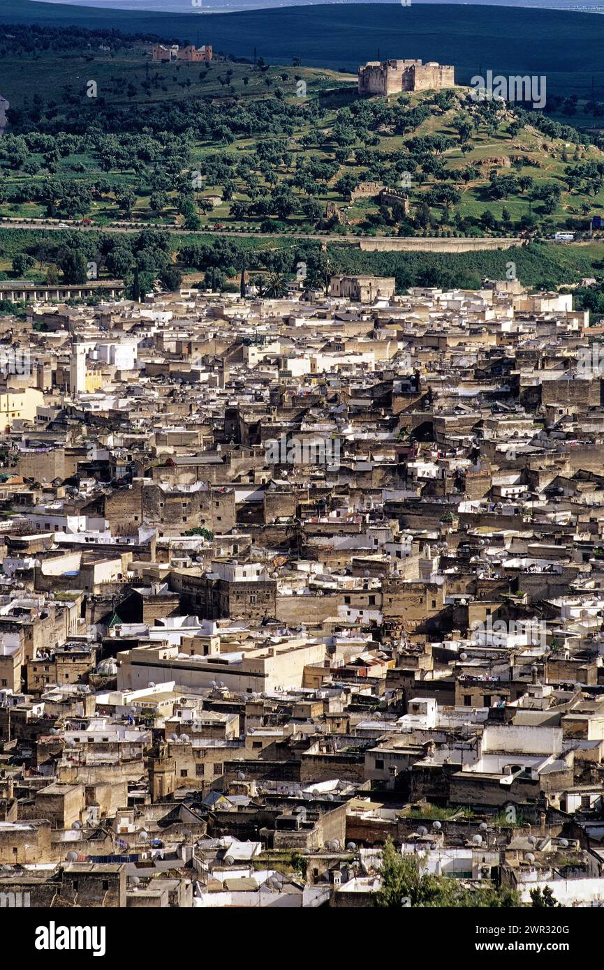 Fez, Marokko - Fez El-Bali, Südturm. Satellitenschüsseln an Häusern in der Altstadt veranschaulichen den Übergang zwischen Alt und Moderne. Stockfoto