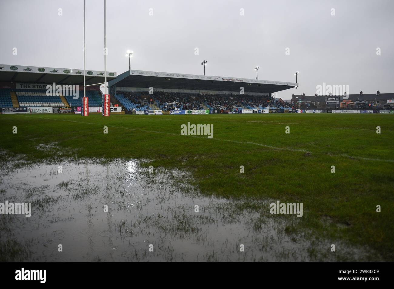 Featherstone, Großbritannien. März 2024. Wasserdichtes Spielfeld. Rugby League Betfred Challenge Cup, Featherstone Rovers vs Wakefield Trinity im Millennium Stadium, Featherstone, UK Credit: Dean Williams/Alamy Live News Stockfoto