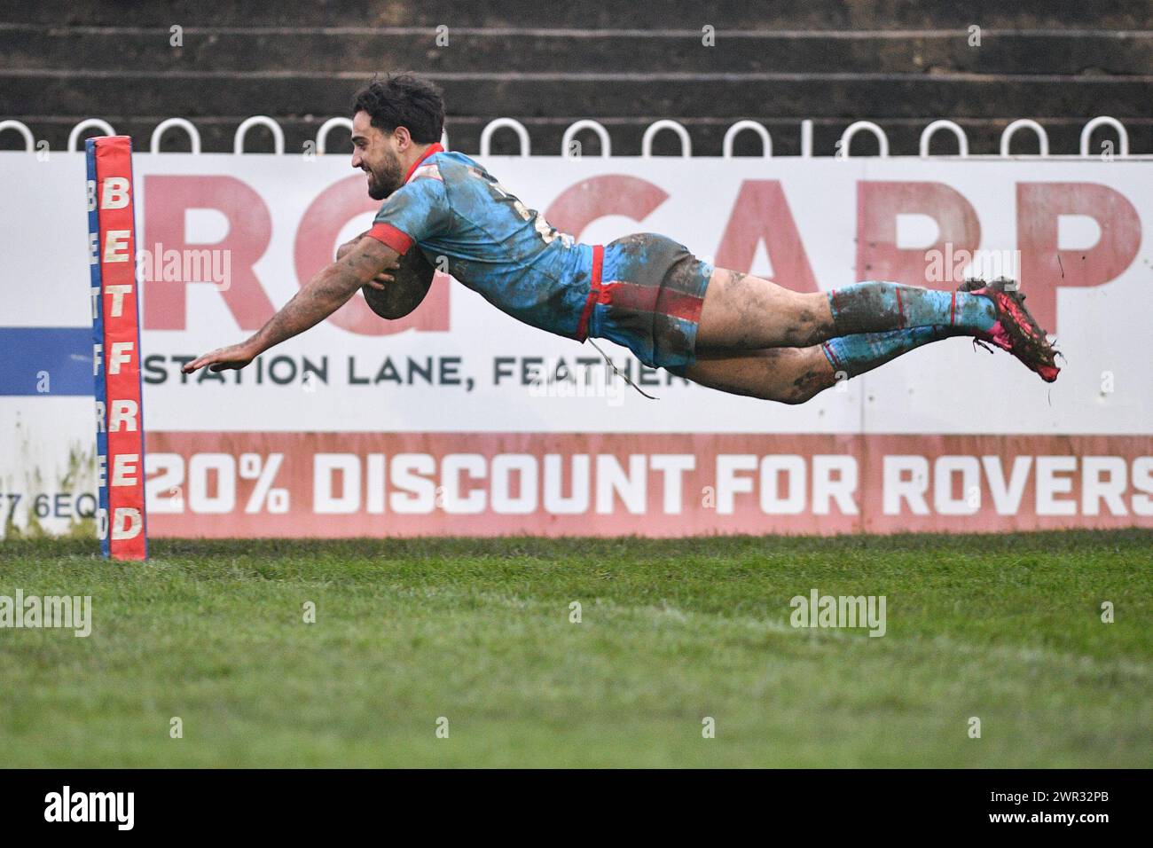 Featherstone, Großbritannien. März 2024. Wakefield Trinity's Romain Franco punktet mal. Rugby League Betfred Challenge Cup, Featherstone Rovers vs Wakefield Trinity im Millennium Stadium, Featherstone, UK Credit: Dean Williams/Alamy Live News Stockfoto