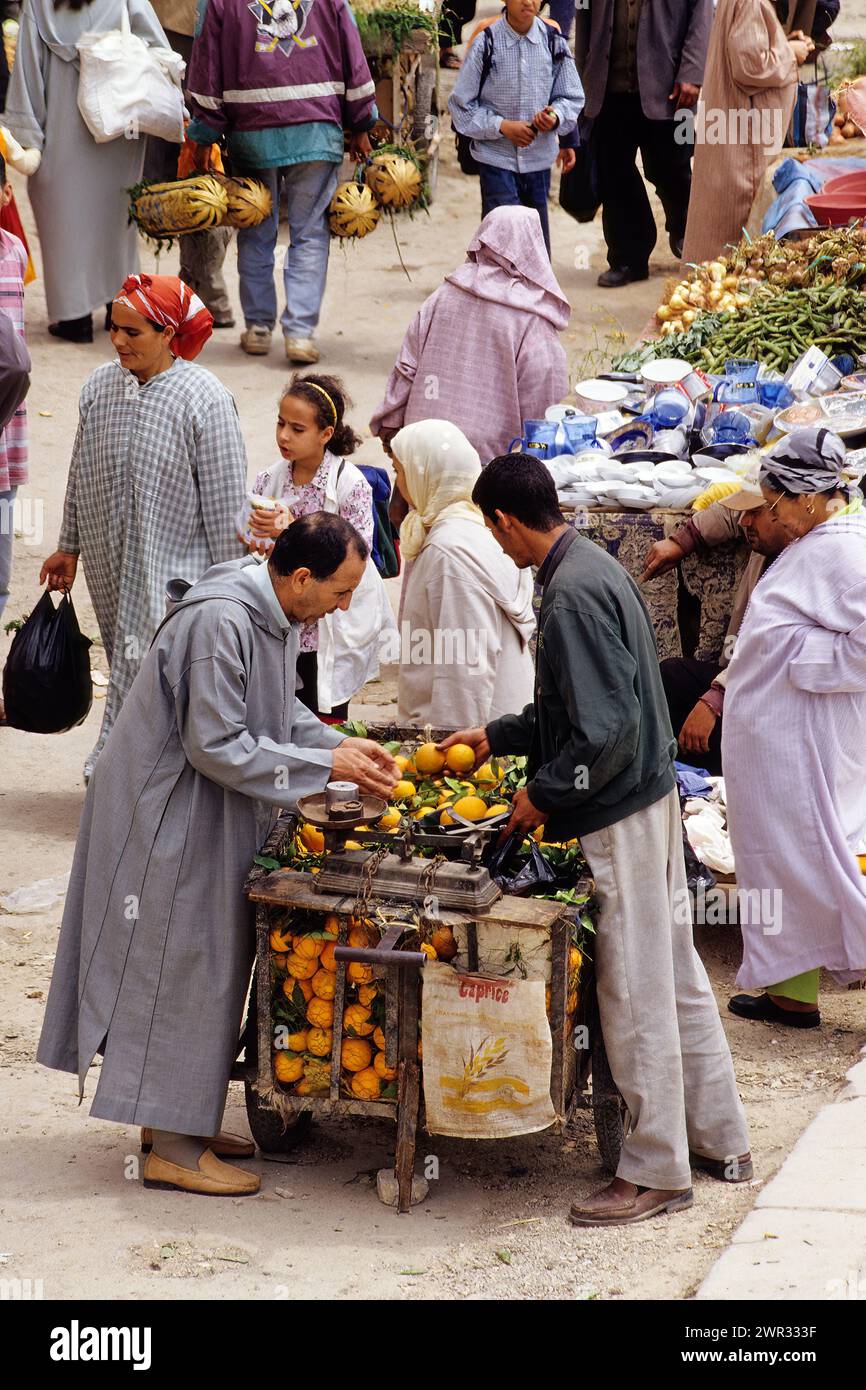 Fès, Marokko - Orangen auf dem Markt von Bab El-Mahrouk kaufen. Stockfoto