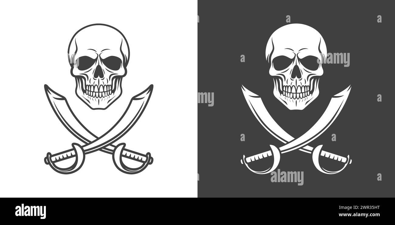 Vektor Schwarz-weiß Schädel und Fadenkreuz Sabers Symbol Set Nahaufnahme isoliert. Skulls Collection mit Outline, Cut-out-Stil in Vorderansicht. Handgezeichnet Stock Vektor