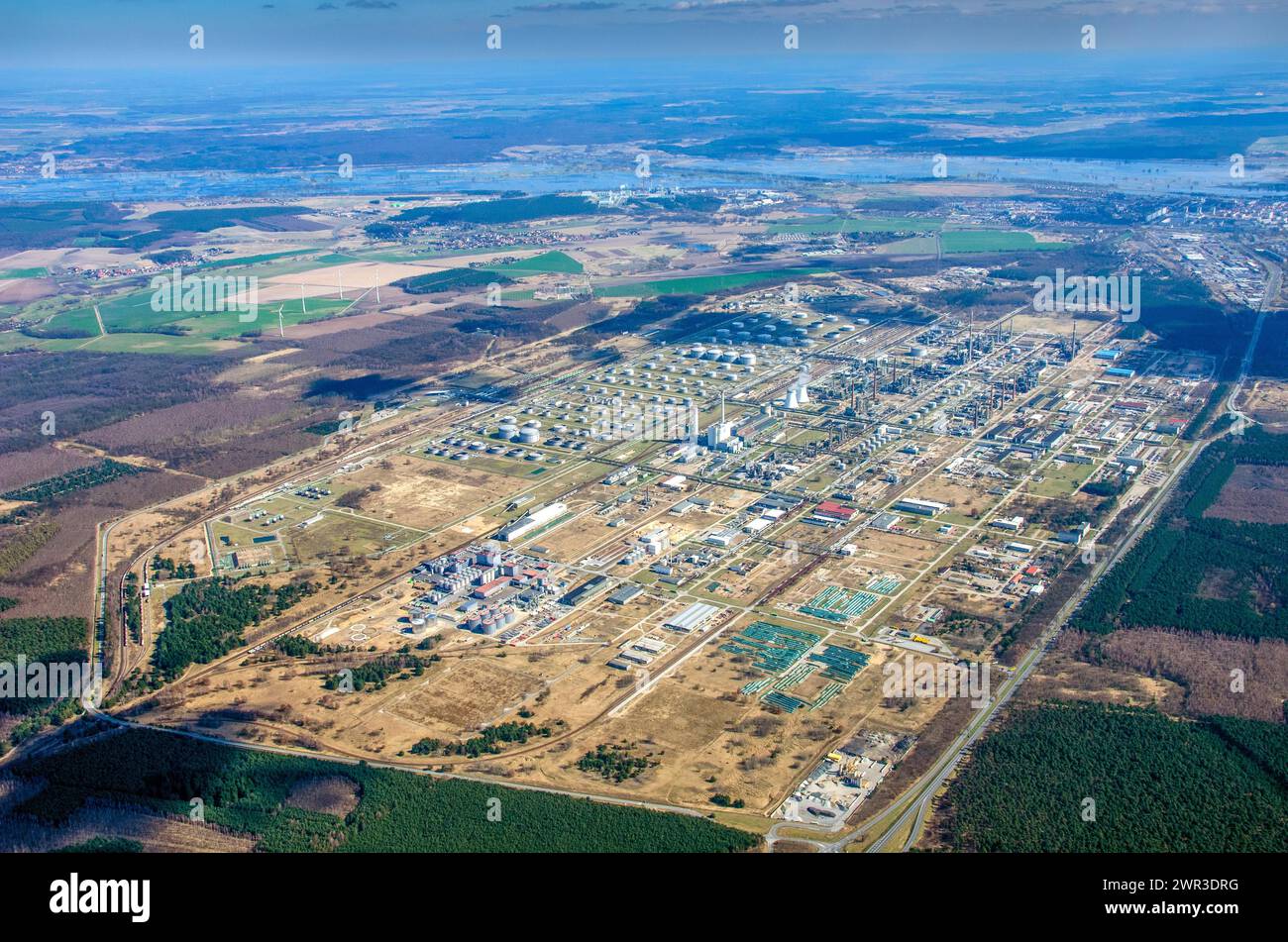 PCK Raffinerie Schwedt, Luftaufnahme, Raffinerie, Ölraffinerie, Brandenburg, Uckermark, Oder, Schwedt, Deutschland Stockfoto