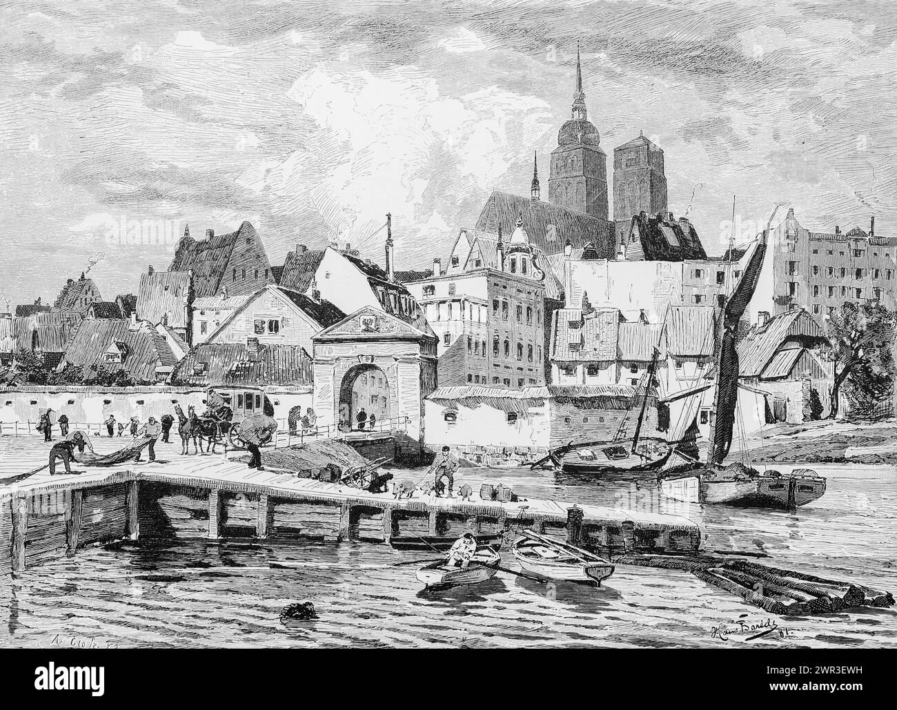 Stadtbild von Stralsund, Stadttor, Stadtmauer, Ostsee, Segelschiff, Menschen, Hafen, Steg, Kirche, Mecklenburg-Vorpommern, Deutschland Stockfoto