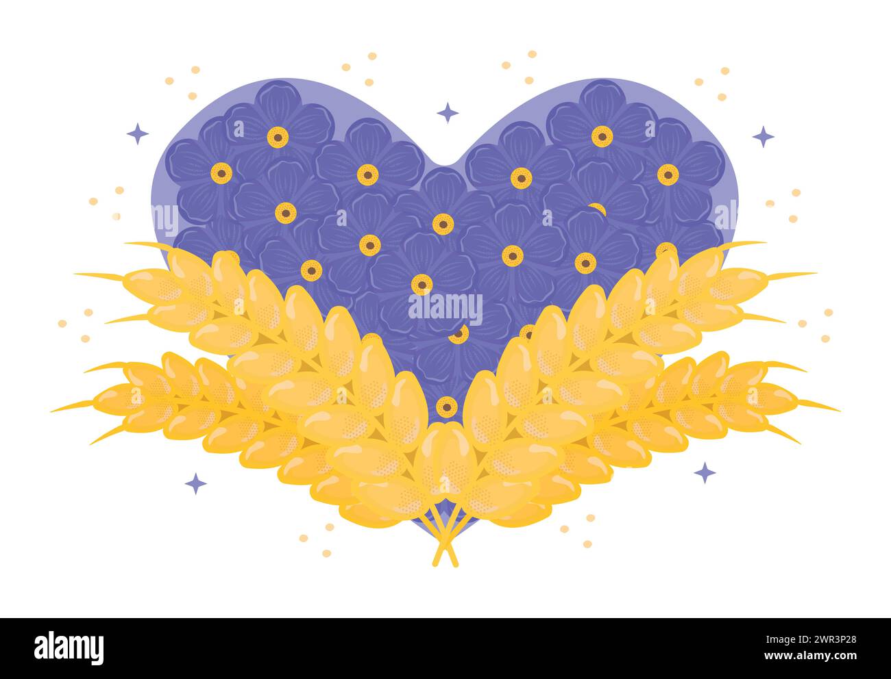 Herz aus Forget Me Not Flowers und zwei Weizenohren, patriotischer ukrainischer Druck in blauen und gelben Farben Stock Vektor