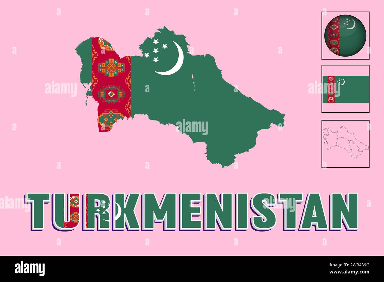 Turkmenistan Flagge und Karte in Vektorillustration Stock Vektor